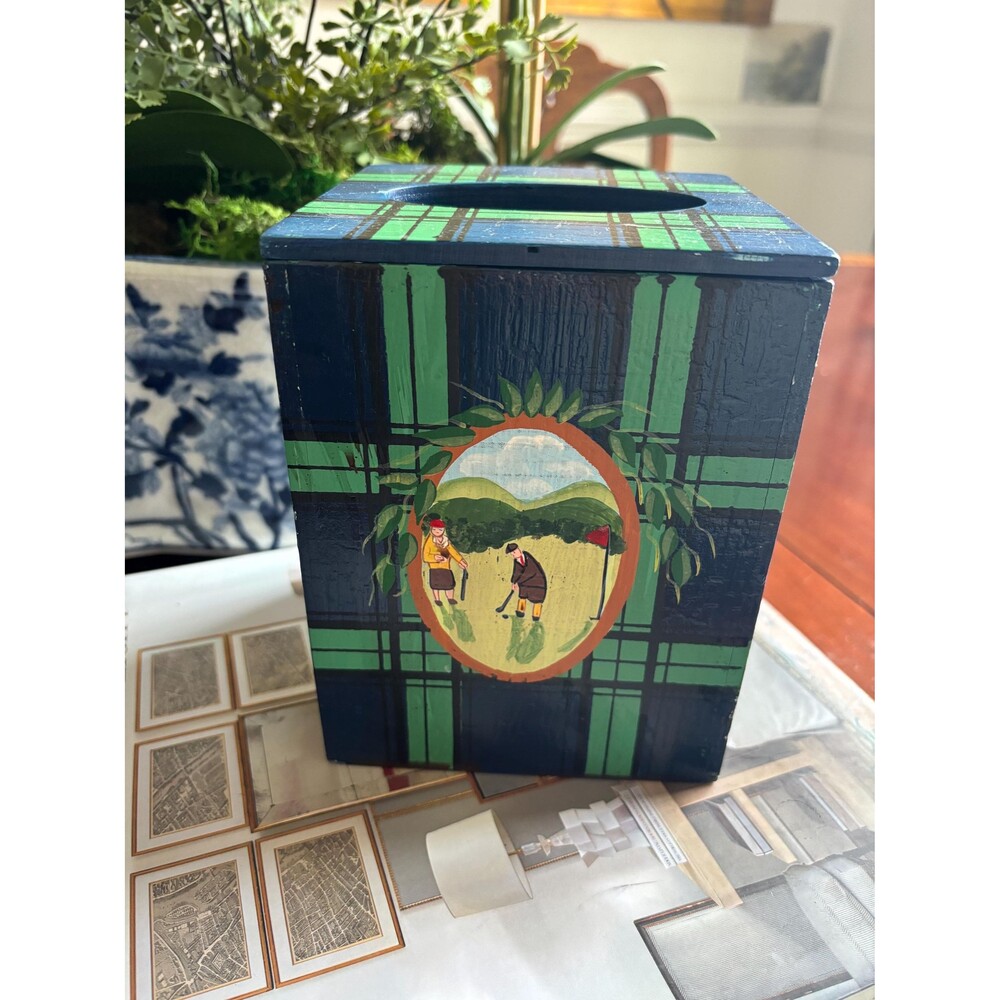Vintage hand painted Golf tissue box cover holder, mens gift, man cave, gift
